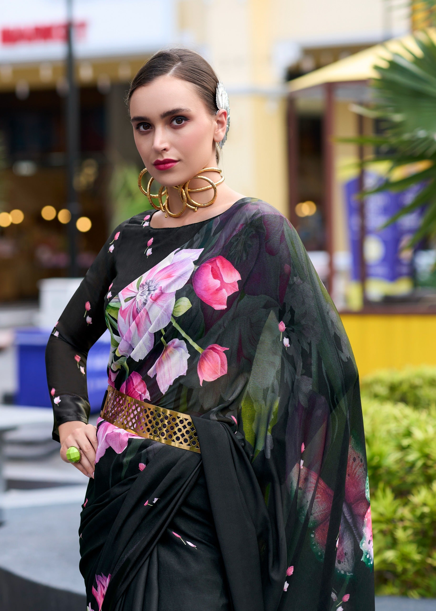 Black color georgette printed saree for women with price
