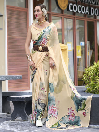 Beige color georgette printed saree for women online
