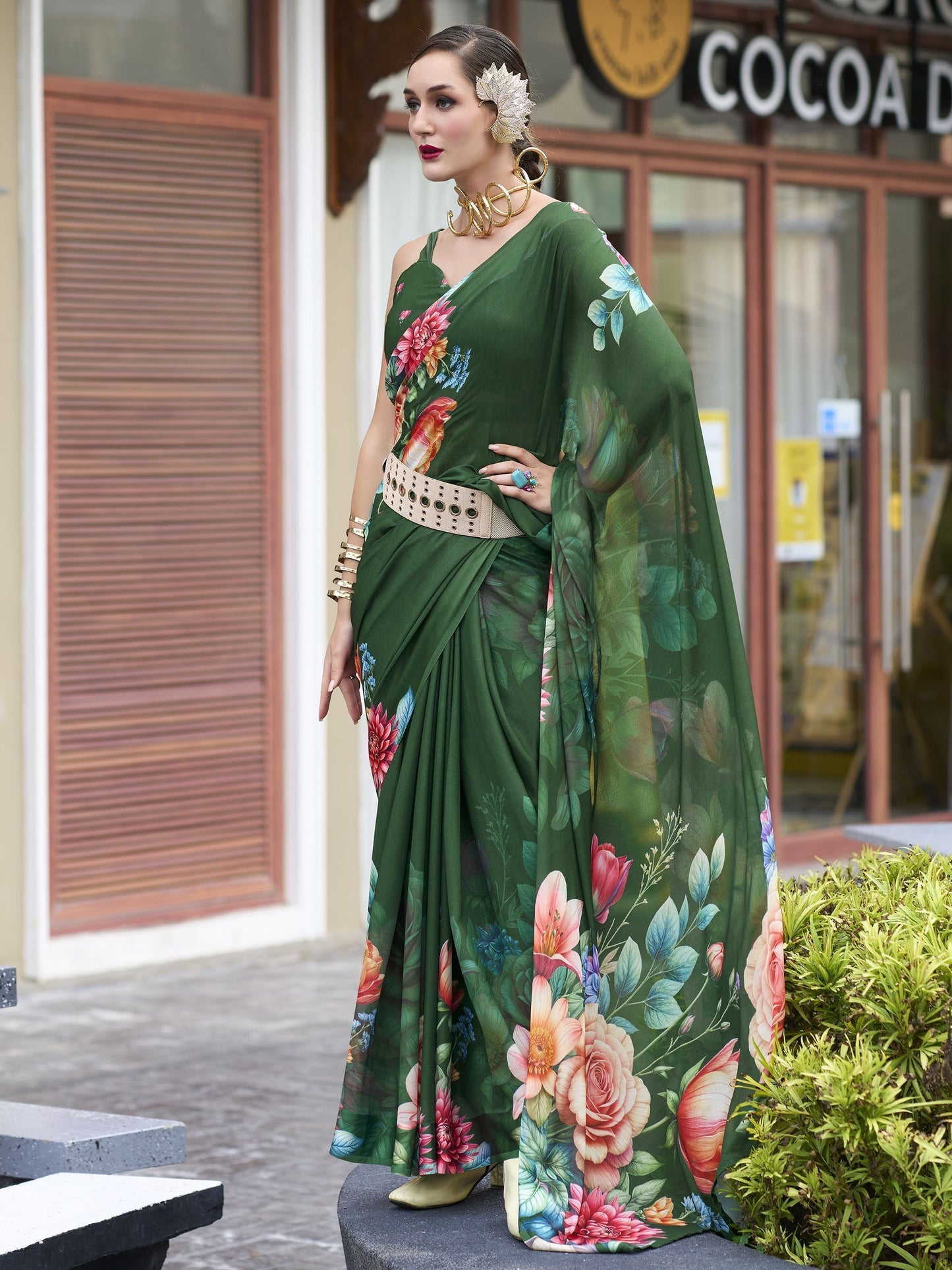 Green color georgette printed saree for women online shopping
