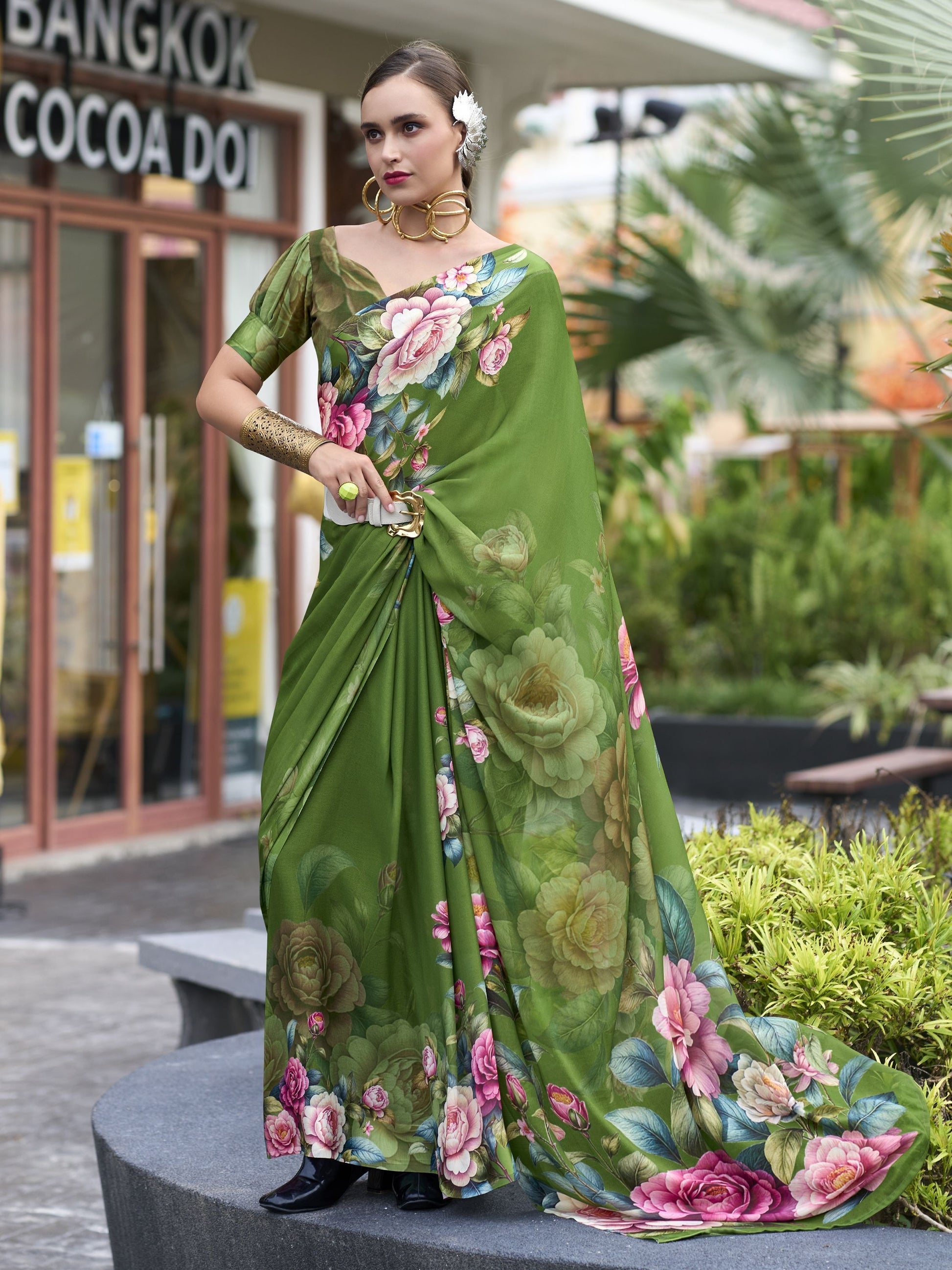 Mehendi colour Saree online
