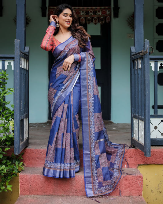 Blue color linen saree for women