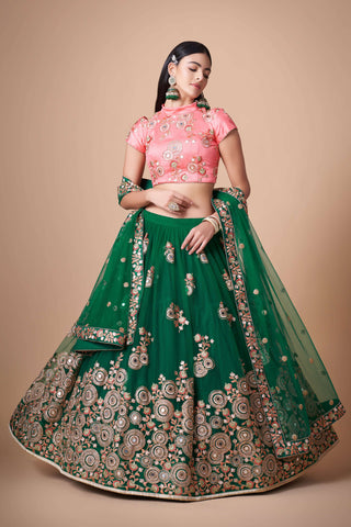 Simple green color lehenga with contrast blouse ceremony