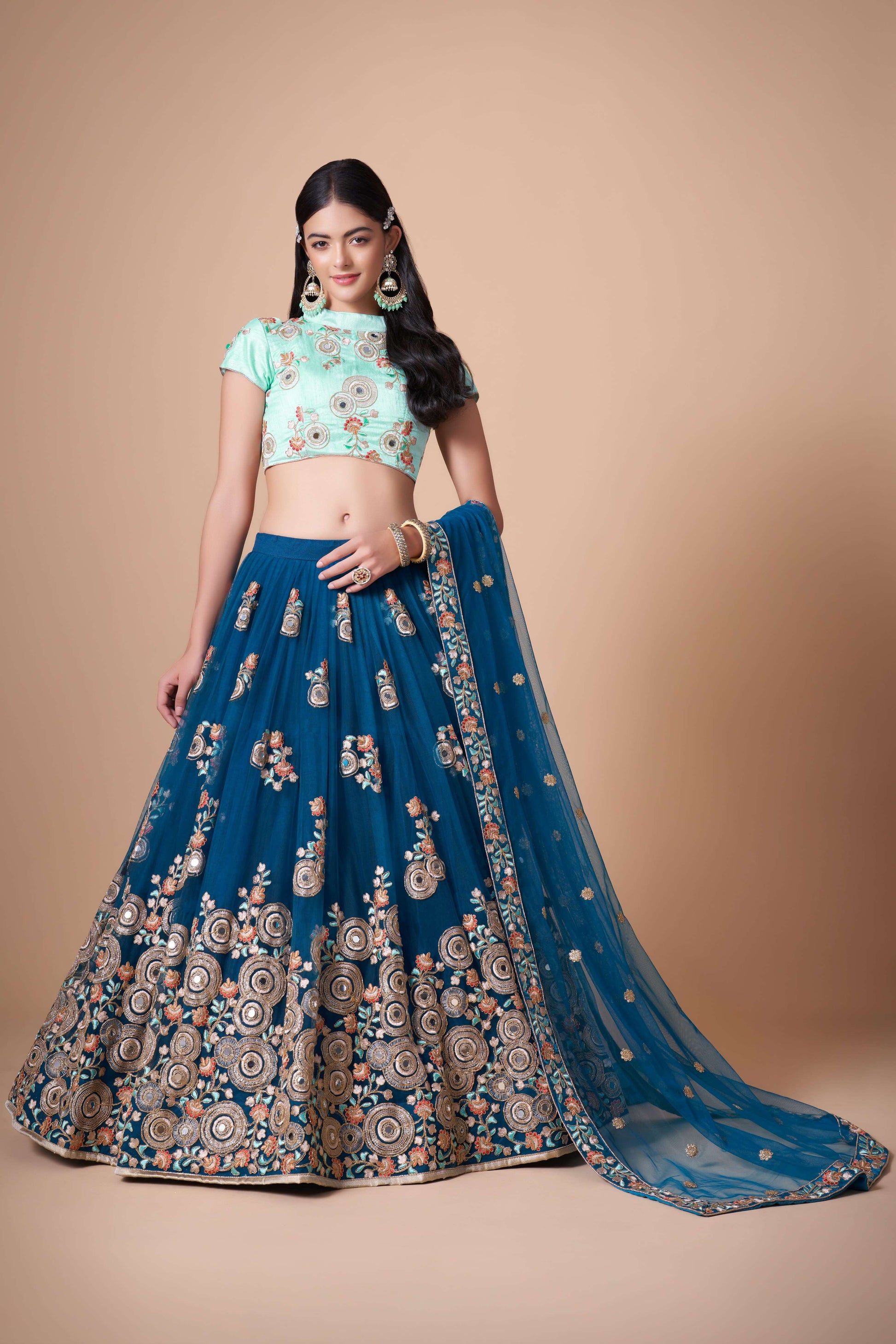 soft net dove blue lehenga engagement