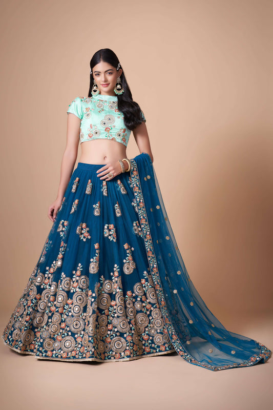 soft net dove blue lehenga engagement