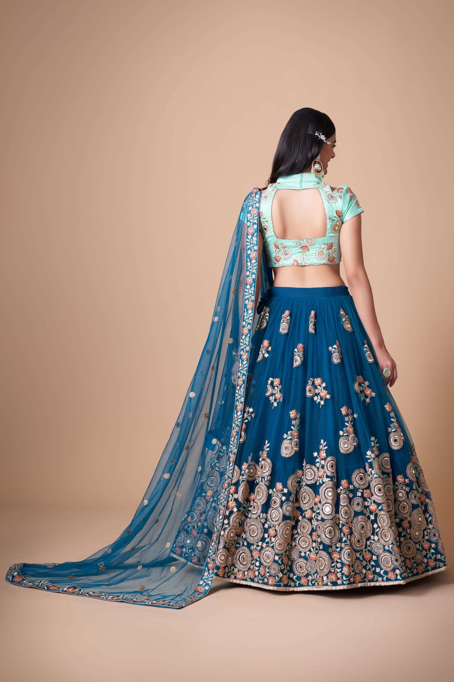 Dove Blue Soft Net Mirror Work Lehenga For Reception
