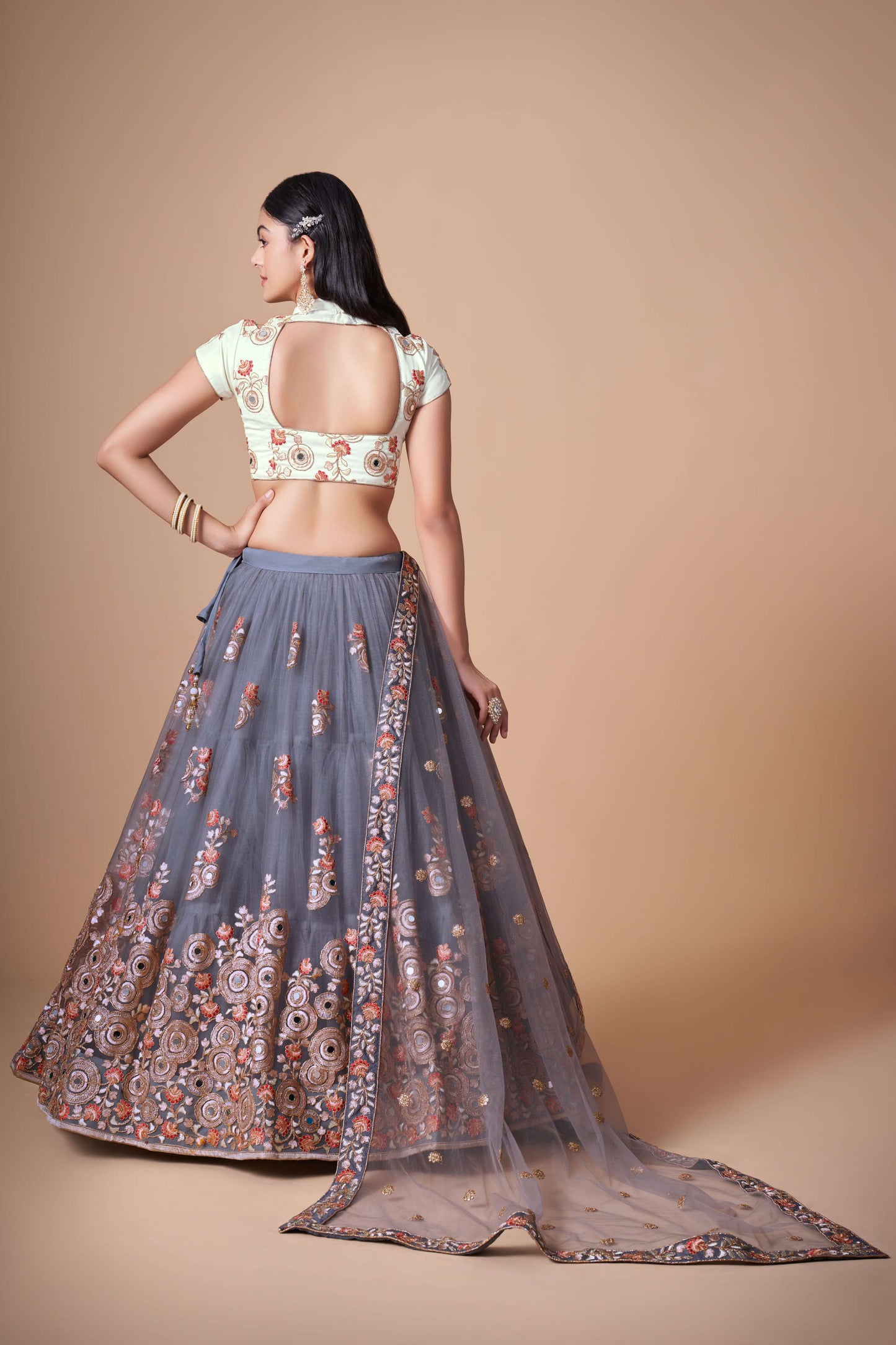 Sparkling Grey Net Wedding Lehenga Choli for Bridesmaid
