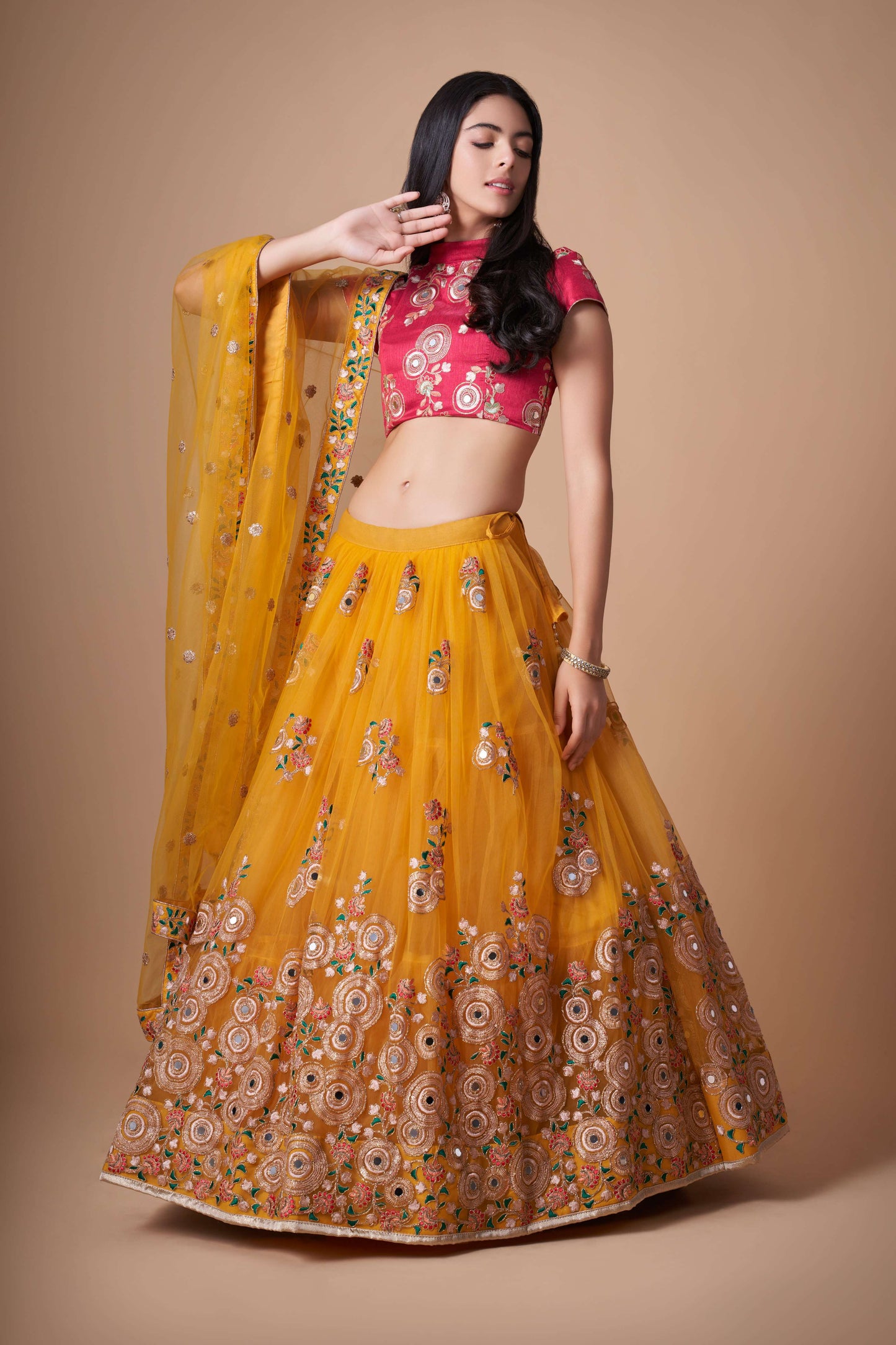 Soft net yellow lehenga with pink blouse online