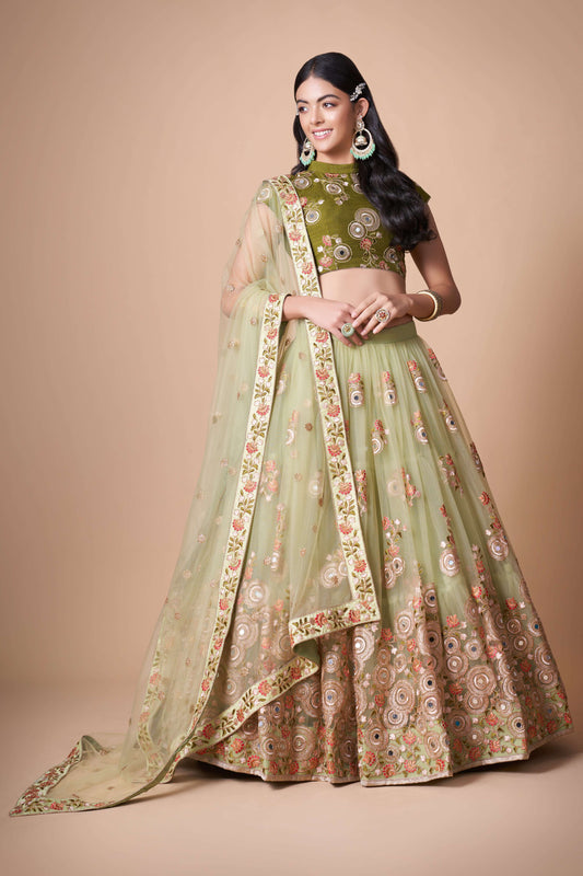 soft net pista lehenga for wedding