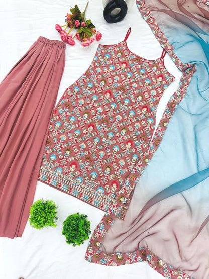 Peach color georgette sharara suit with dupatta online shopping