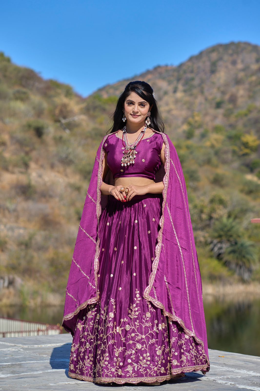 Wine color chinon lehenga choli online