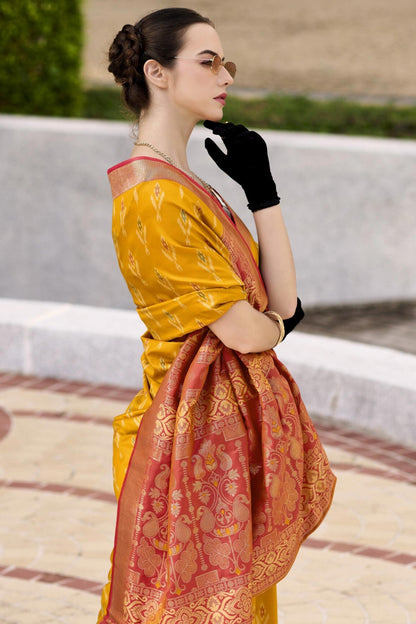 Yellow Banarasi Saree with Red border
