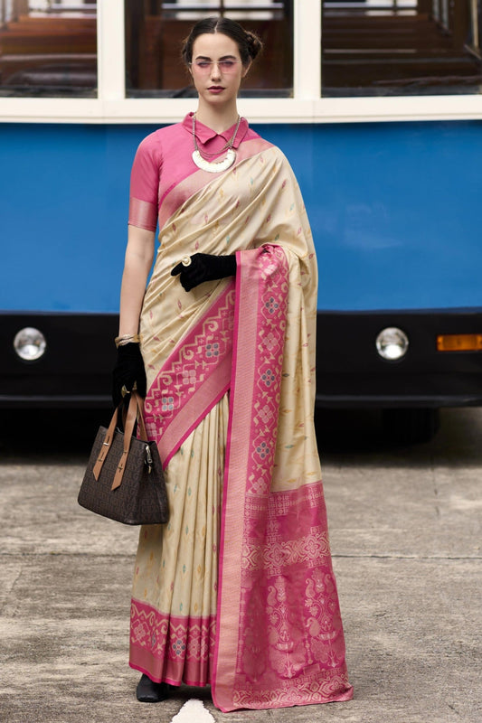 Beige silk saree for women party wear
