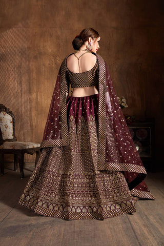 Maroon lehenga Bride with groom