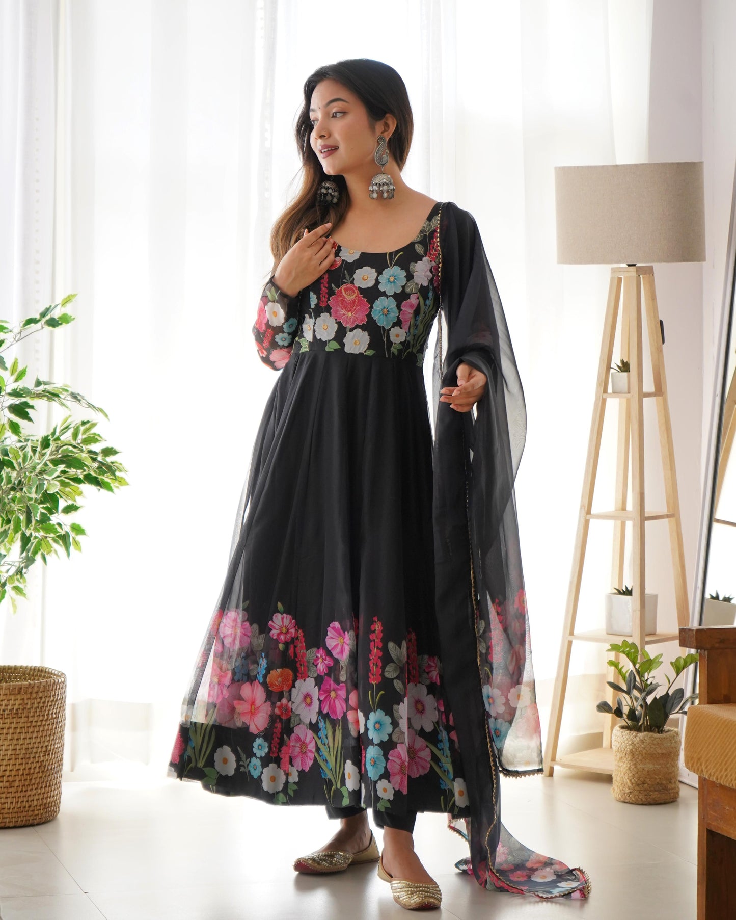 Black color organza silk gown with dupatta online