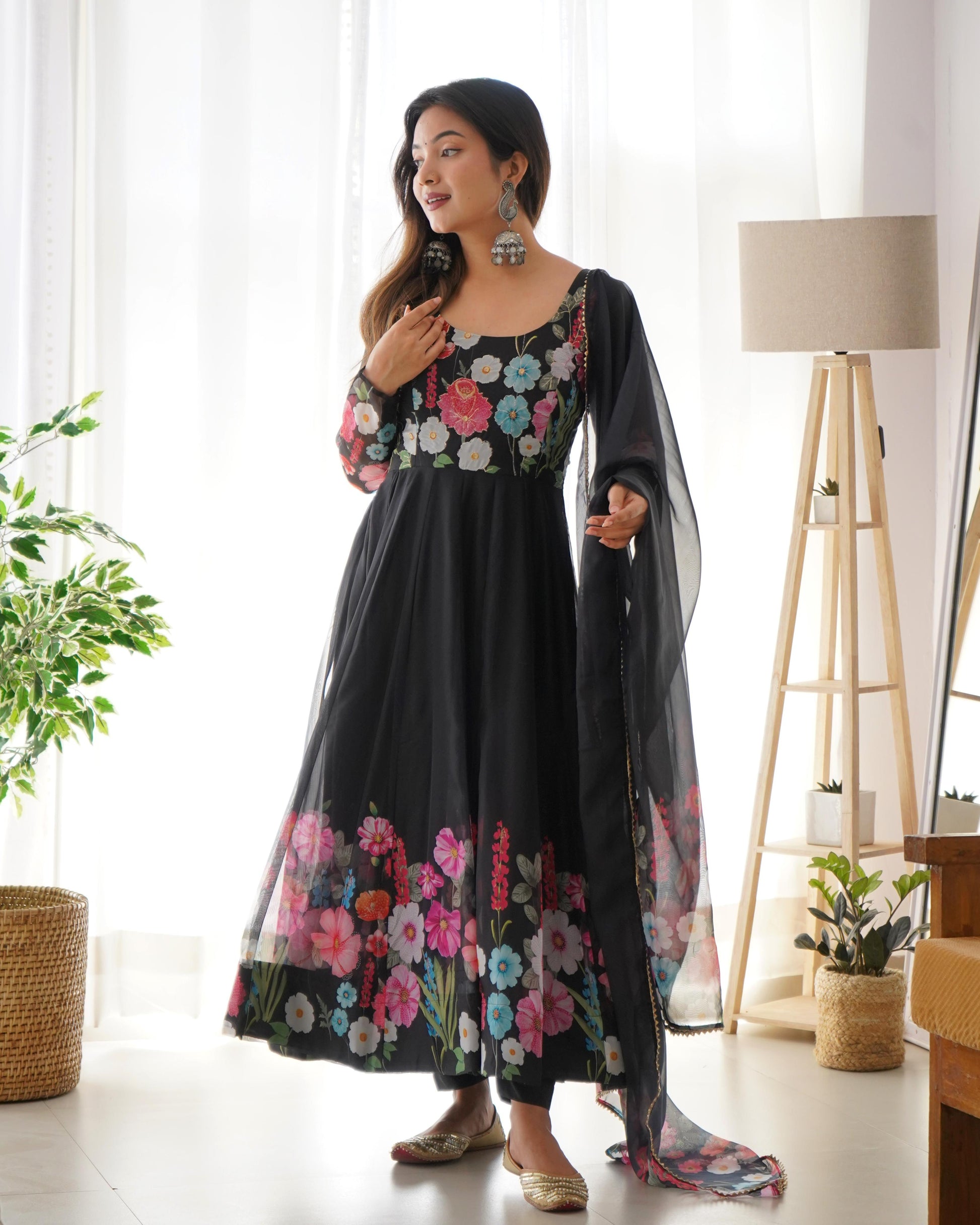 Black color organza silk gown with dupatta online