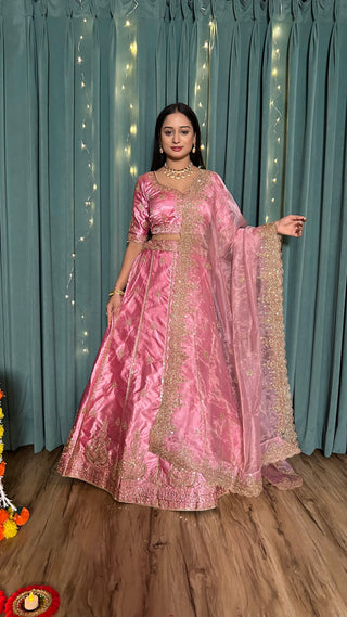 Simple peach color satin silk lehenga choli for women
