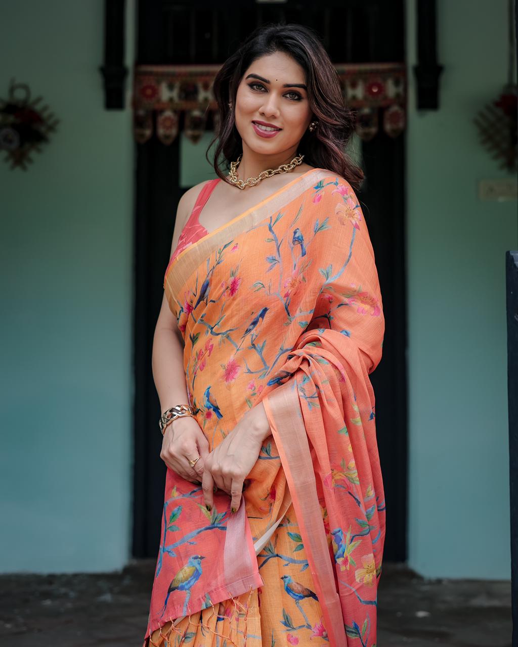 Orange color linen saree with blouse price