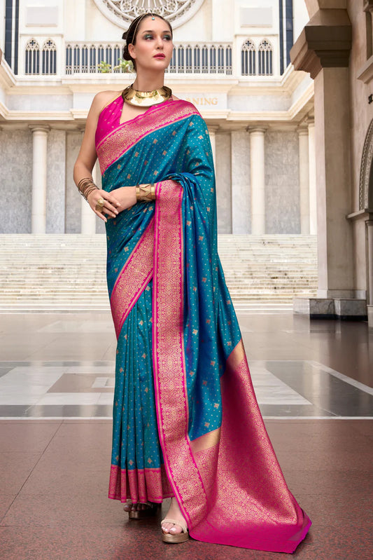 Teal blue color soft silk saree for women online shopping
