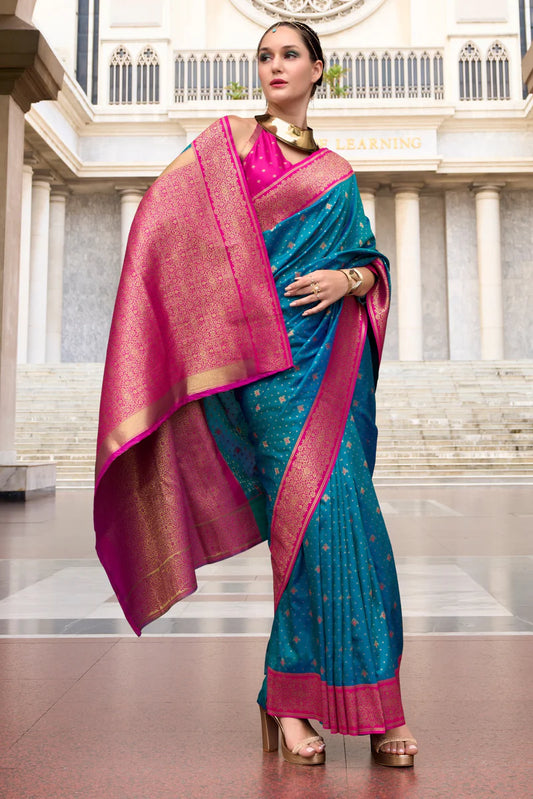 Teal blue color soft silk saree for women online
