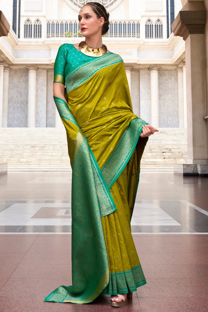 Parrot green color soft silk saree for women online shopping
