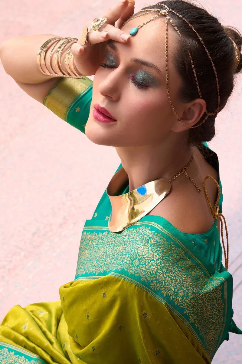 Parrot green saree Contrast Blouse
