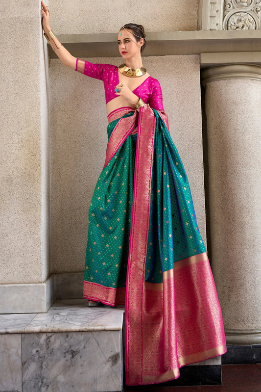 Pure teal green color soft silk saree for women
