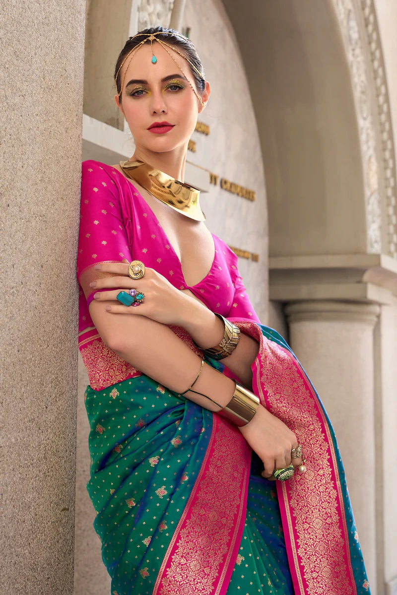 Teal green color soft silk saree for women online shopping
