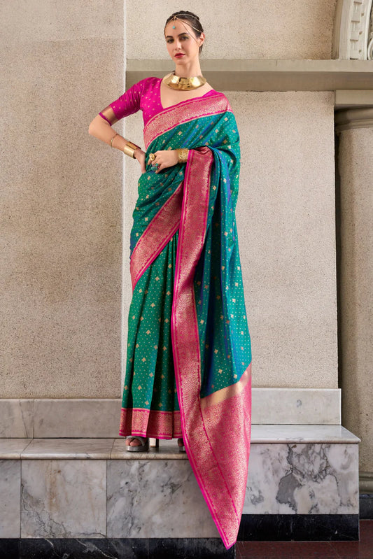 Teal green color soft silk saree for women with price
