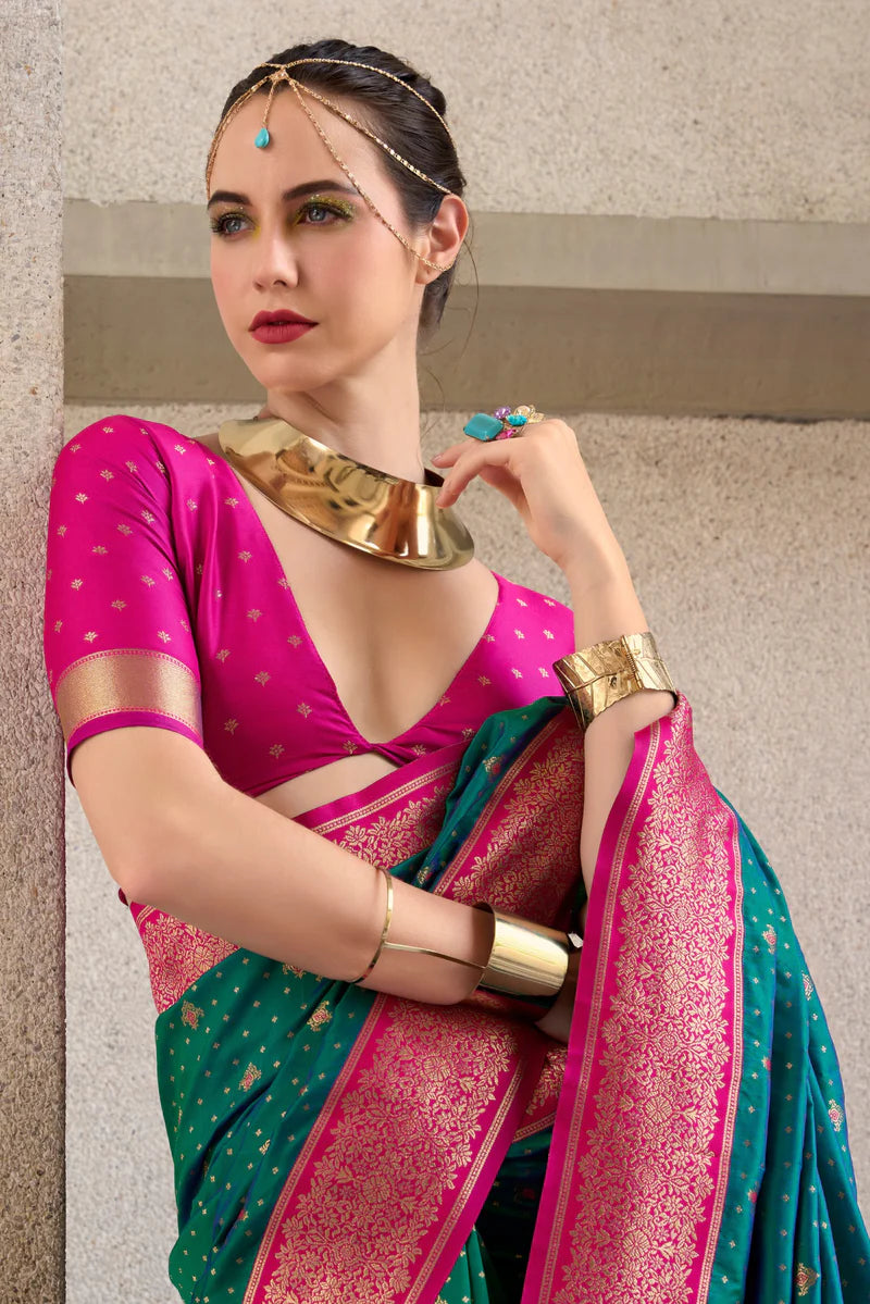 Teal green color soft silk saree for women online
