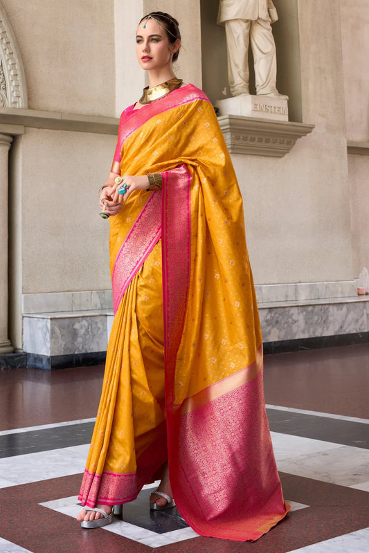 Yellow color soft silk saree for women with price
