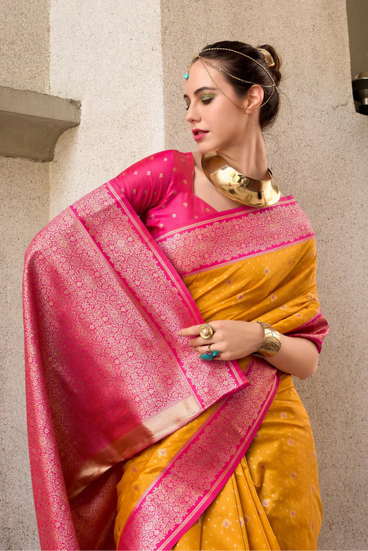 Yellow color soft silk saree for women online
