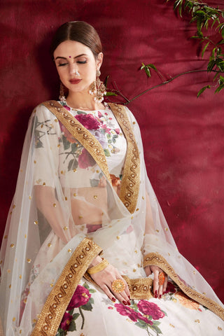 Off White Lehenga With Golden Border Dupatta