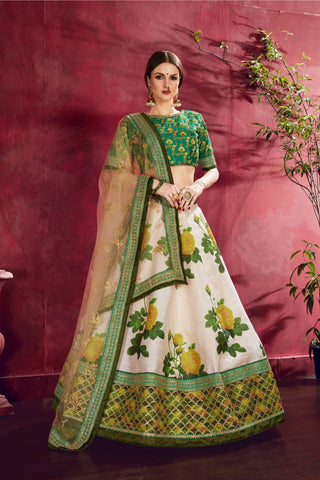 Heavy banglori silk cream green lehenga 