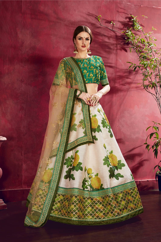 Heavy banglori silk cream green lehenga 