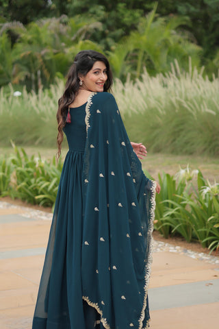 Party wear Rama color blooming gown with dupatta online shopping