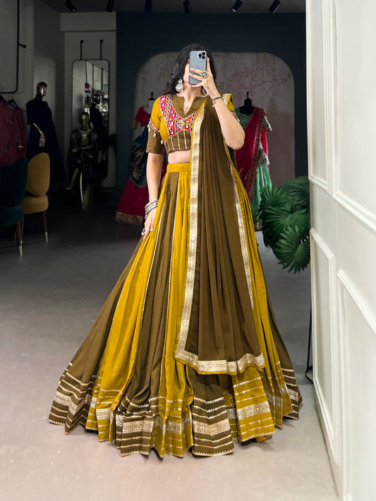 Mehendi color gamthi work lehenga 