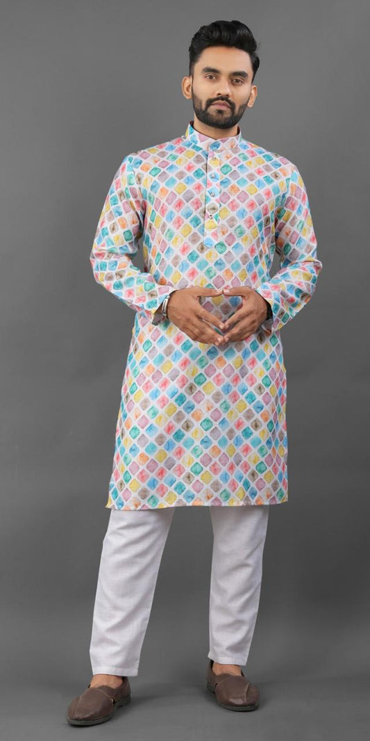 Multi color linen printed kurta for men's