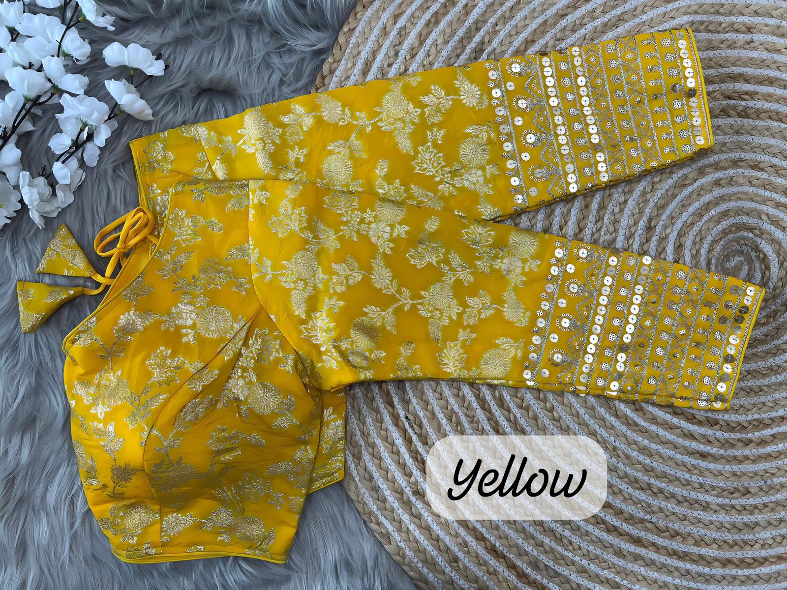  Yellow dola silk blouse design For Sari