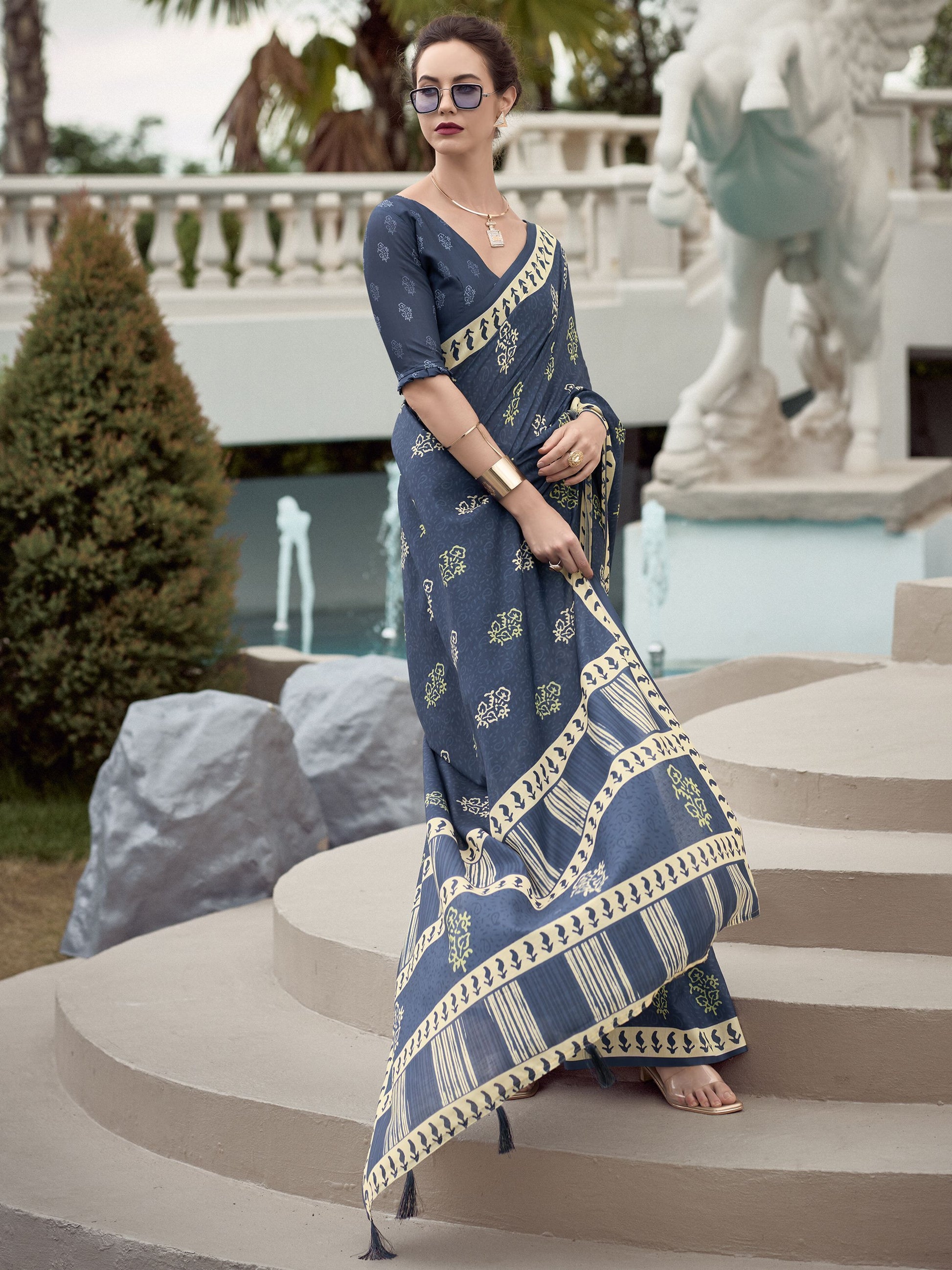 Navy blue pure mal mal cotton saree price
