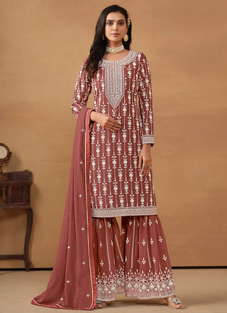 Brown color georgette sharara suit for women with dupatta
