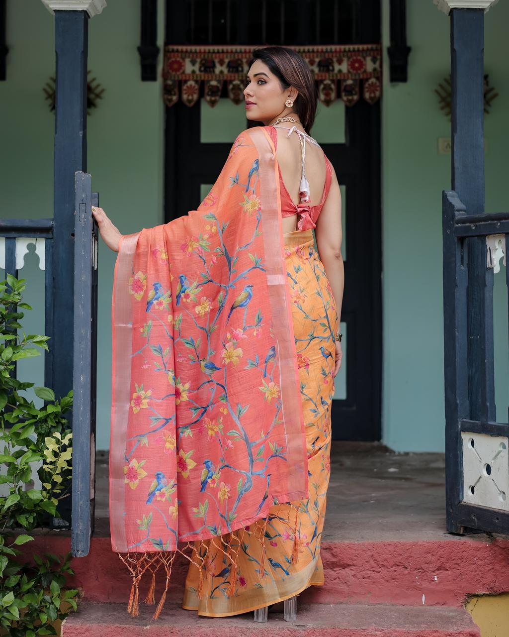 Orange color linen saree with blouse online
