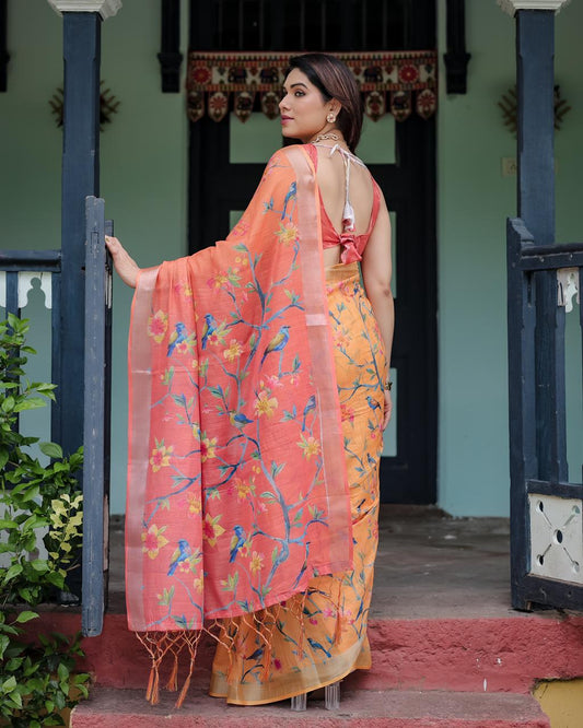 Orange color linen saree with blouse online