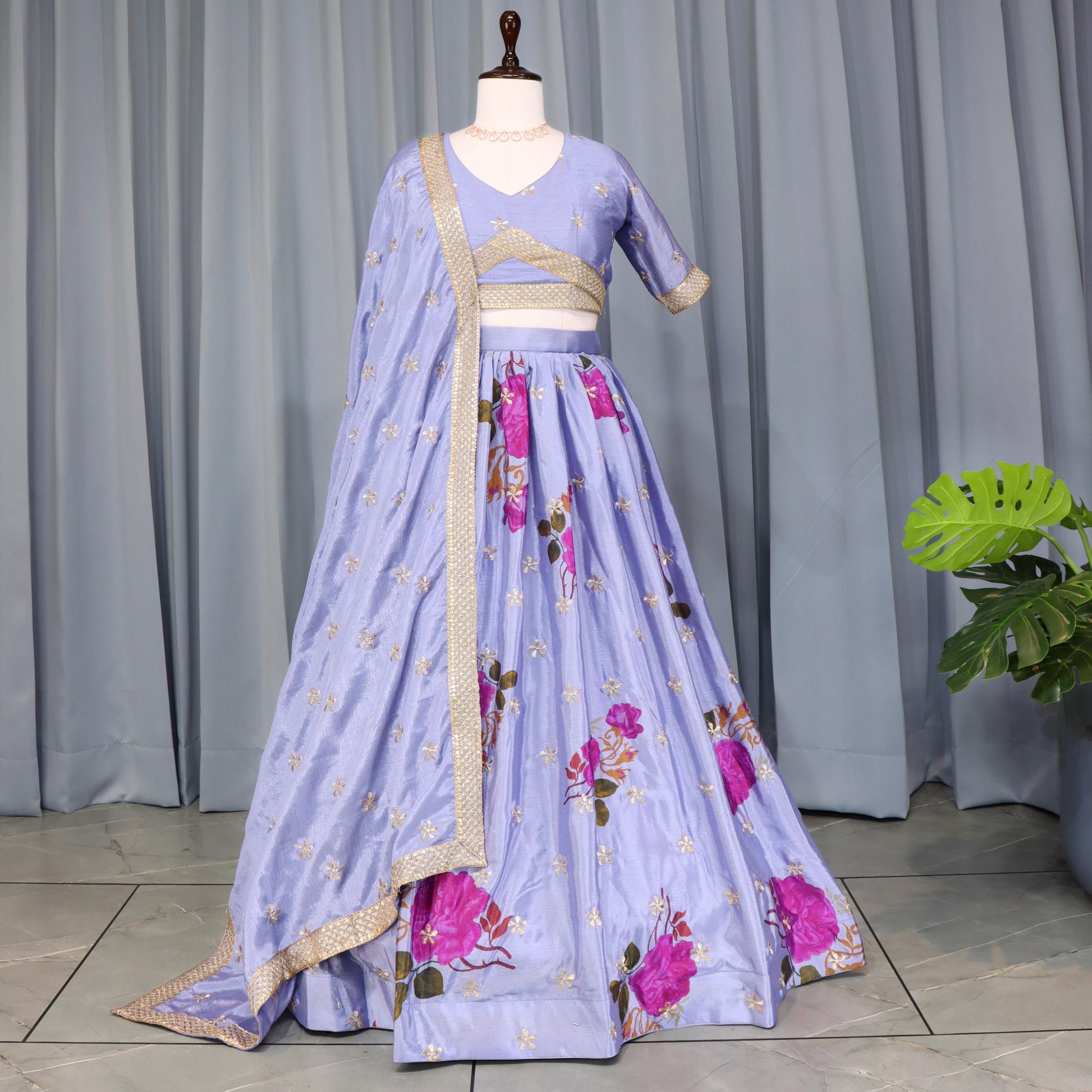 Lavender Color Chinon Floral Printed Lehenga Choli with dupatta
