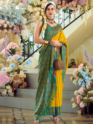 Haldi function yellow silk saree