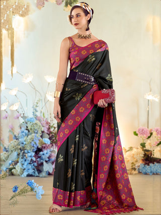 Pure black color silk weaving saree for women
