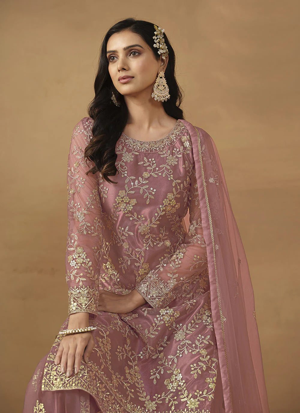 Pink color net sharara suit with dupatta price