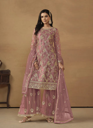 Pink color net sharara suit for women
