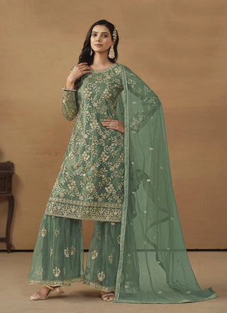 Green color net sharara suit for women