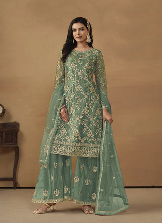 Green color net sharara suit for wedding