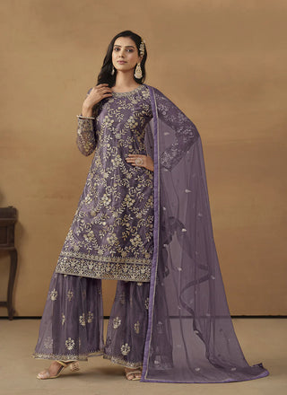 Lavender color net sharara suit for women